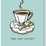 Voorkant koffiekaart met een kopje koffie erop en de tekst 'Tijd voor koffie?'