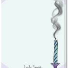 Achterkant verjaardagskaart met daarop het uitgeblazen paars/groene kaarsje