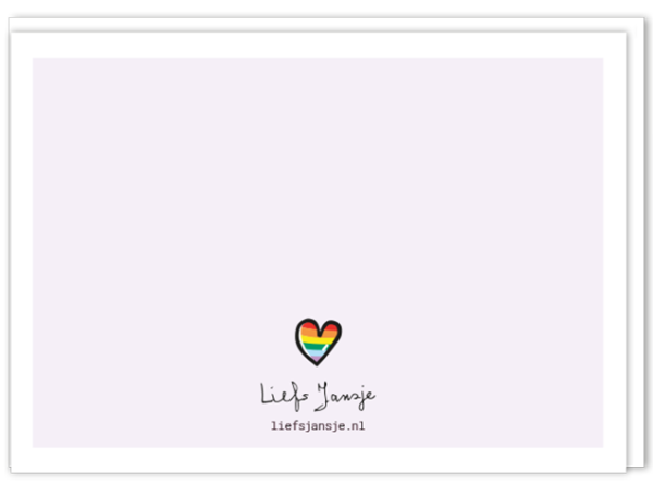 Achterkant LGBTQ kaart met daarop een regenboog hartje