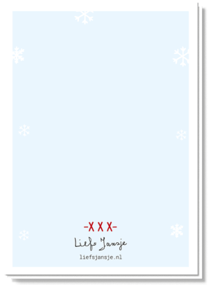 Achterkant kerstkaart 'Sexy man' met drie rode kus kruisjes boven het logo van Liefs Jansje