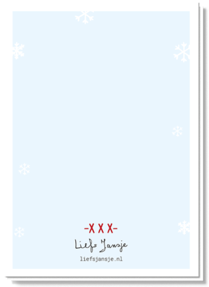 Achterkant kerstkaart 'Sexy Lady' met drie rode kus kruisjes boven het logo van Liefs Jansje