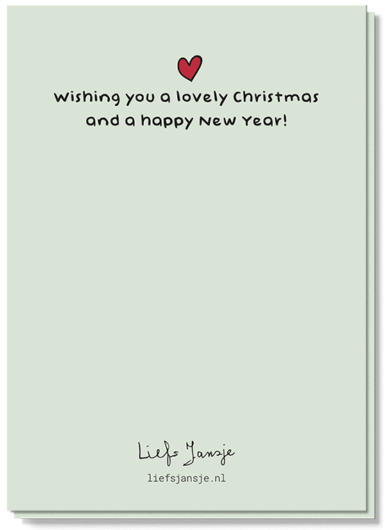 Achterkant van de mistletoe kerstkaart met daarop een klein rood hartje en de tekst 'Wishing you a lovely Christmas and a happy new year!'