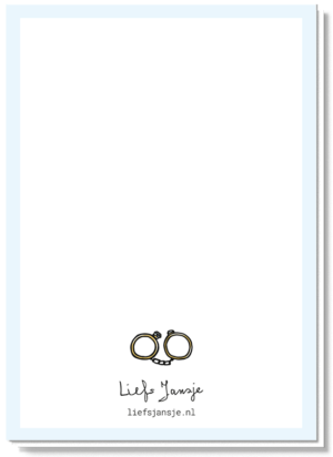 Achterkant trouwkaart met de twee trouwringen als handboeien in het klein boven het logo van Liefs Jansje