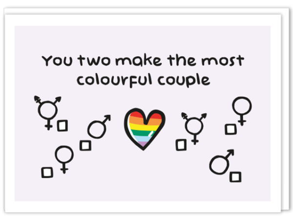 Voorkant LGBTQ kaart met daarop een regenboog hartje in het midden en zowel rechts als links daarvan 3 mogelijk heden om aan te kruisen, zoals het symbool voor vrouw, maar ook voor transgender. En de tekst 'You two make the most colourful couple'