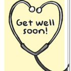 Beterschapskaart "get well soon" met een stethoscoop erop die een hartje vormt met daarin de tekst 'Get well soon!'