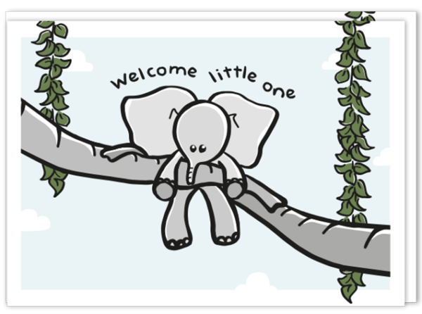 Geboortekaartje met daarop twee slurven die een baby olifantje omhoog houden met de tekst 'Welcome little one'