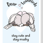Voorkant kaart met daarop 2 tortelduifjes in een hart met de tekst 'Dear lovebirds, stay cute and stay mushy'
