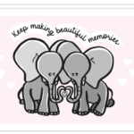 Voorkant "beautiful memories" liefdeskaart met daarop een illustratie van twee olifantjes die met hun slurf een hartje vormen en de tekst 'Keep making beautiful memories'