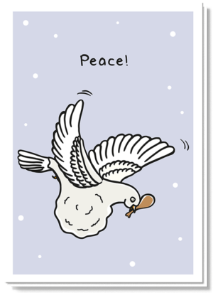 Humor kerstkaart van volgevreten vredesduif met kippenpoot tussen snavel