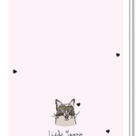 Achterkant kattenkaart met wat hartjes en een kleine kopie van de kat op de voorkant