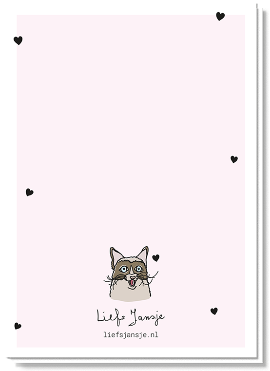 Achterkant kattenkaart met wat hartjes en een kleine kopie van de kat op de voorkant