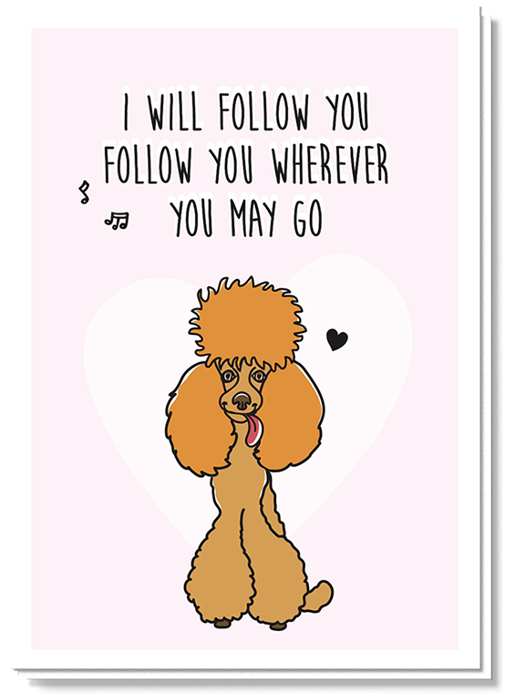 Voorkant Hondenkaart met daarop de tekst 'I will follow you, follow you wherever you may go' en een grote oranje poedel daaronder
