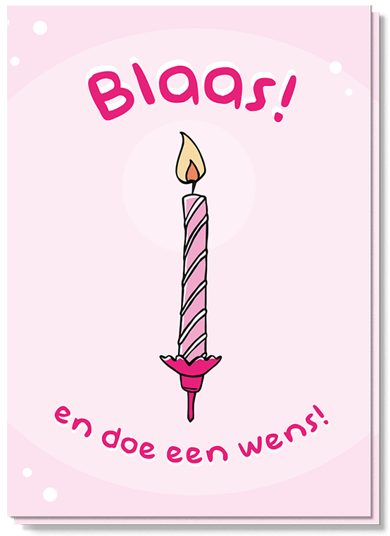 Voorkant verjaardagskaart met roze brandend kaarsje erop en de tekst 'Gefeliciteerd! Blaas het kaarsje uit en doe een wens!'