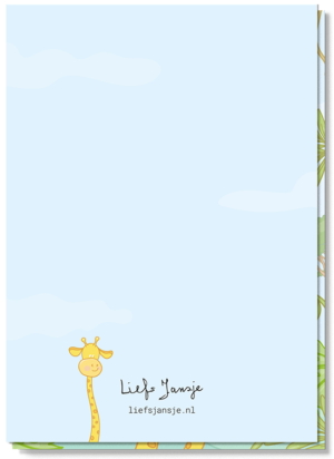 Vrolijke dierenkaart achterkant blanco alleen een girafje naast het logo van Liefs Jansje