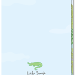 Achterkant kinderkaart verjaardag blanco met alleen een kleine krokodil boven het logo van Liefs Jansje