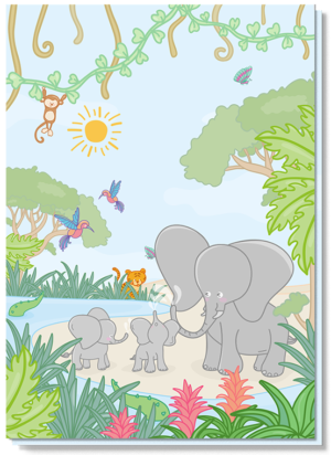 Kinderkaart zonder tekst met daarop 3 olifantjes in de jungle met mooie kleurtjes, vogeltjes en een slingeraapje.