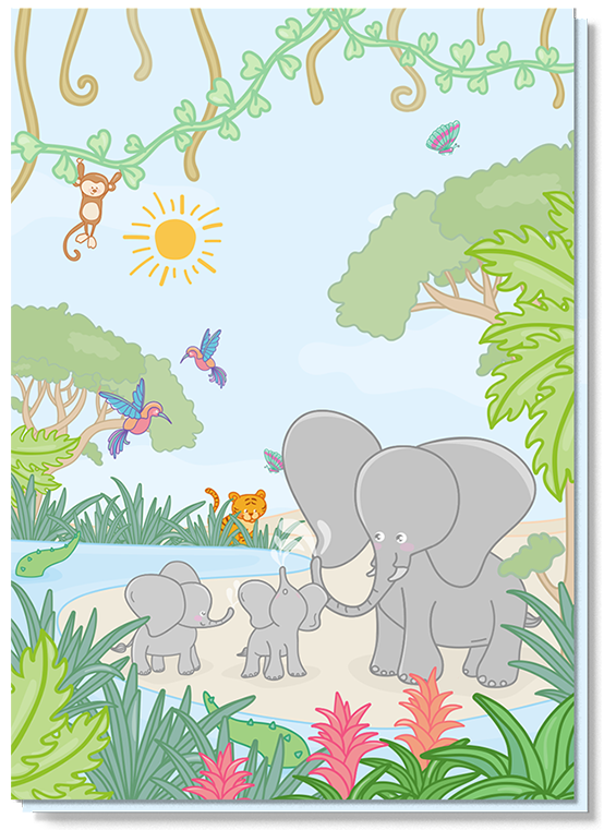 Kinderkaart zonder tekst met daarop 3 olifantjes in de jungle met mooie kleurtjes, vogeltjes en een slingeraapje.