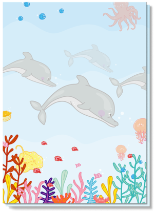 Kinder wenskaart met daarop vrolijke dolfijntjes en een mooie onderzee wereld