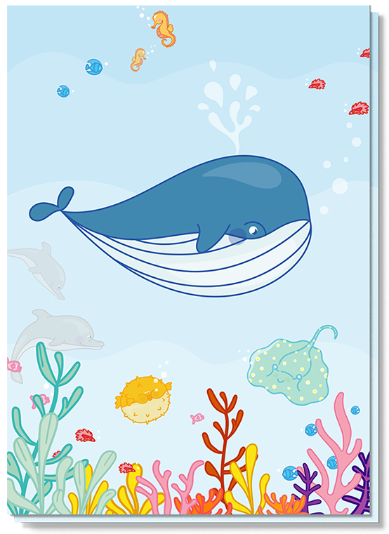 Kinderkaarten blanco met daarop een walvis, rog, dolfijnen
