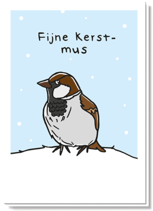 Voorkant fijne kerst kaart met daarop een mus in de sneeuw en de tekst "Fijne Kerst-mus"