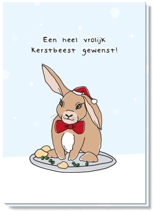Lieve kerstwensen kerstkaart met daarop een lief konijn met strik en kerstmus op een schotel en de tekst "Een heel vrolijk kerstbeest gewenst"