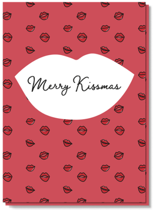 Lieve kerstgroeten kerstkaart met allemaal rode lipjes erop en in de grote witte lippen staat "Merry Kissmas"