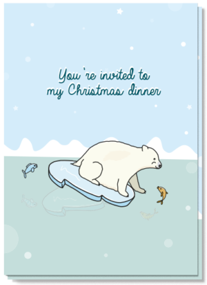 Voorkant kerstkaart met daarop een ijsbeer op een ijsschots en springende visjes uit het water. Met de tekst "You're invites to my Christmas Dinner"