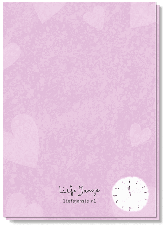 Achterkant wenskaart met een illustratie van een klokje met een roze achtergrond.