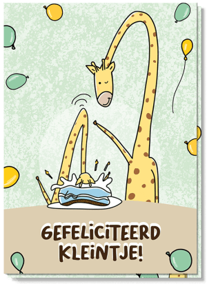 Voorkant wenskaart met illustraties van een giraffe die de kleinere giraffe met zijn snuit in de taart duwt. Met de tekst: Gefeliciteerd kleintje.