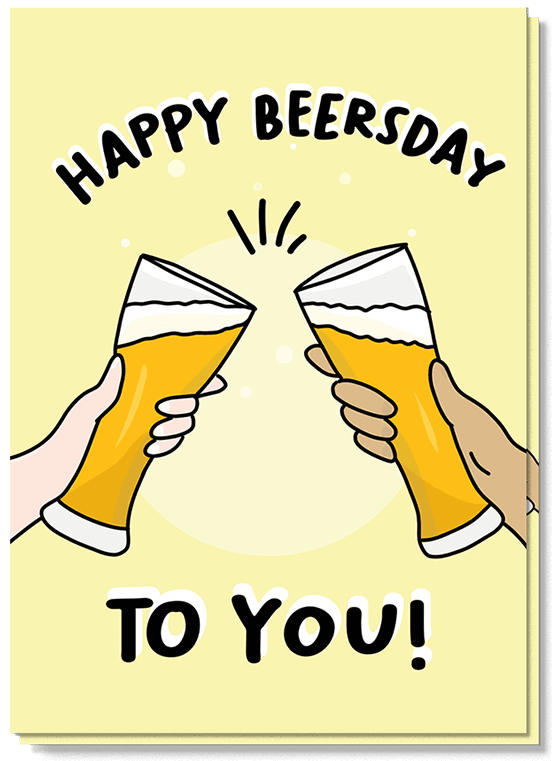 Voorkant wenskaart met illustraties van twee biertjes die proosten met de tekst: happy beursday to you