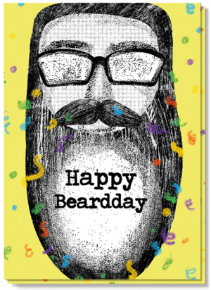Voorkant wenskaart met illustraties van een mannen hoofd met een baard met daarin de tekst: Happy baardday