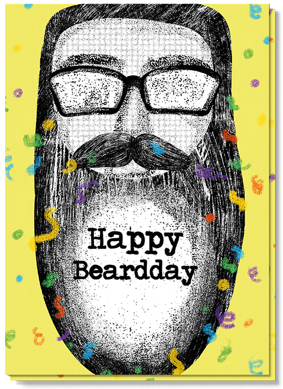 Voorkant wenskaart met illustraties van een mannen hoofd met een baard met daarin de tekst: Happy baardday
