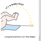 Voorkant wenskaart met een illustratie van een straaltje plas dat omhoog gaat, met de tekst: it's a baby boy