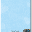 Achterkant blauwe wenskaart met een illustratie van een beschuitje met blauwe muisjes.