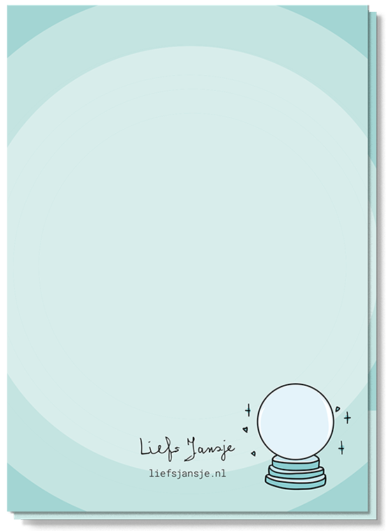 Turquoise kaart met een illustratie van een glazenbol