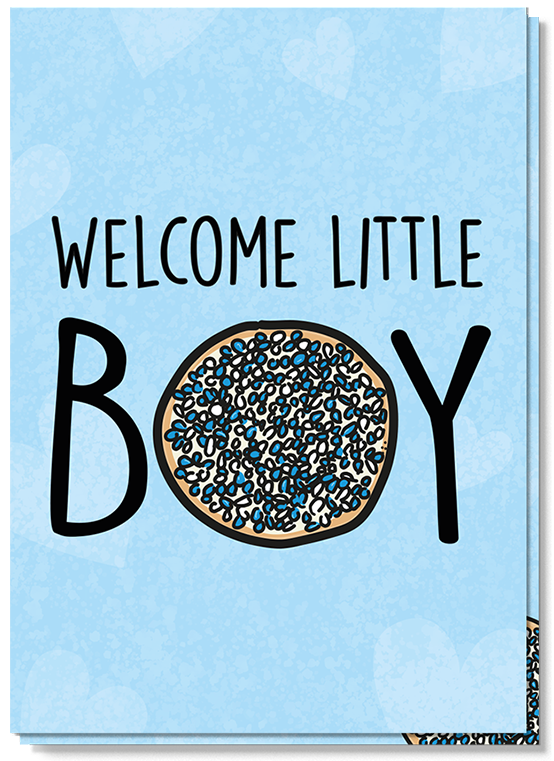 Blauwe wenskaart met de tekst: Welcome little boy. En dan is de o van boy een beschuitje met blauwe witte muisjes