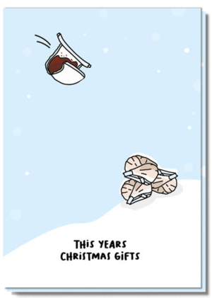 Lichte kaart met illustraties van vieze luiertjes in de sneeuw met de tekst: this years Christmas giften!